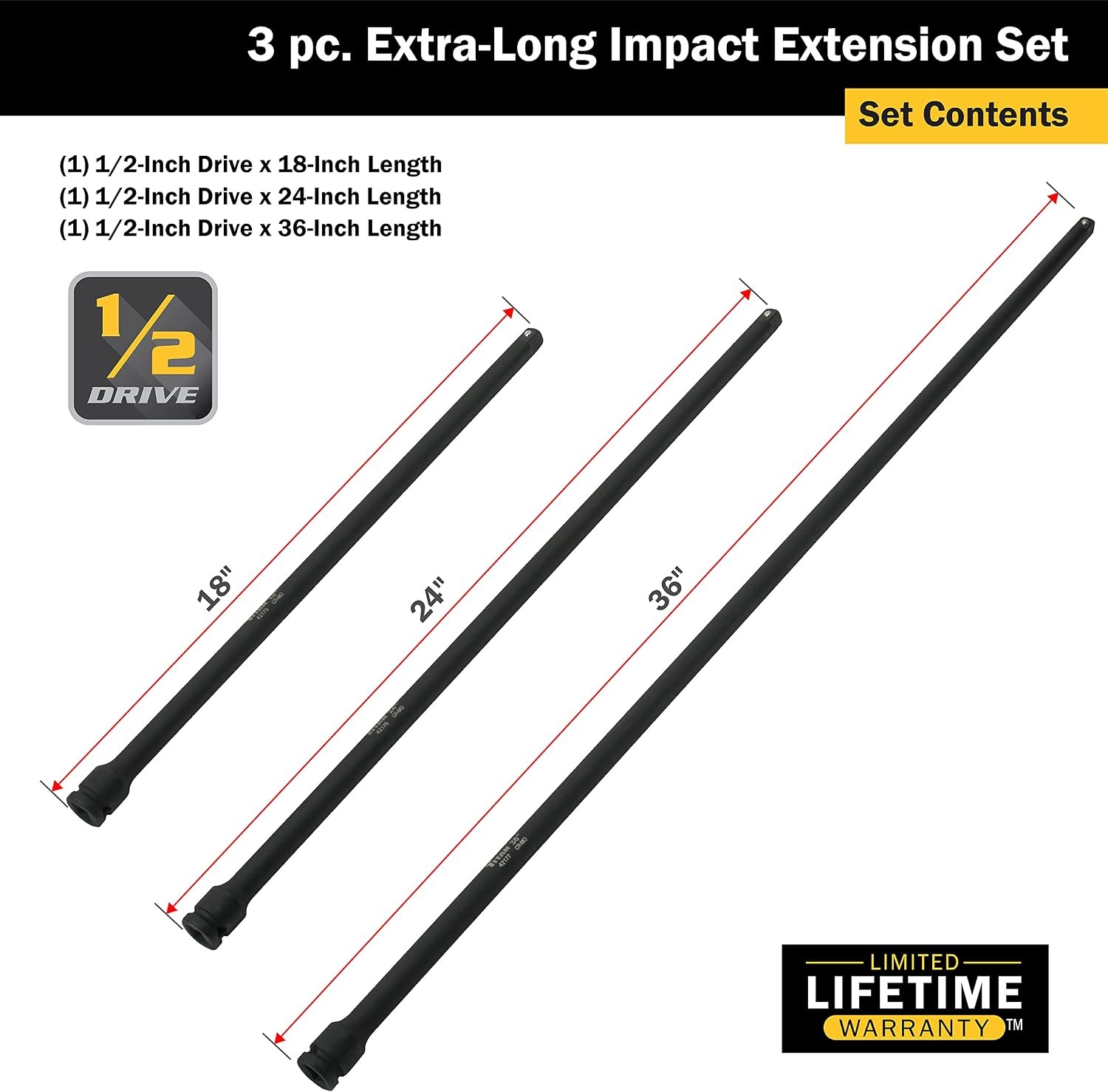 3-Piece 1/2″ Drive Long Impact Extension Set: 18″, 24″, 36″ Extensionstt
