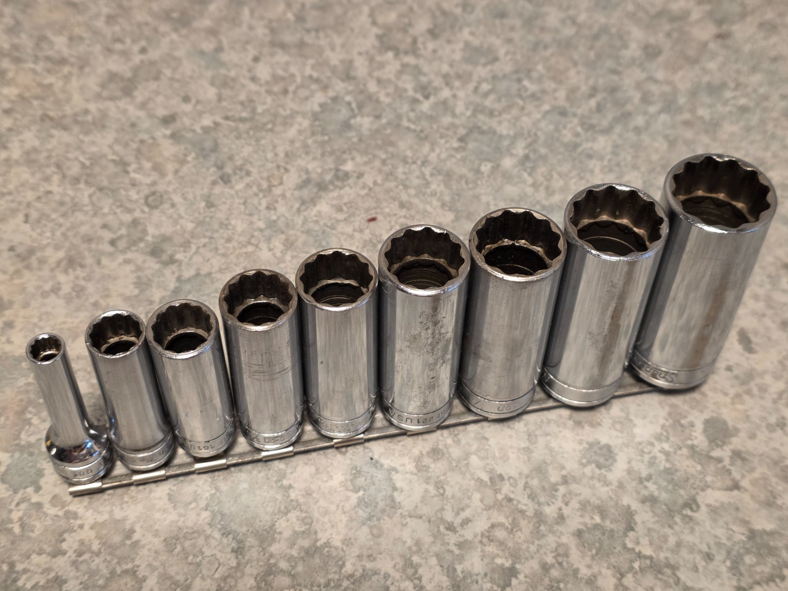 10Pc Snap On Underline DEEP SAE 1/4″-7/8 Socket Set Lot 12-PT 3/8” Drive w/rail