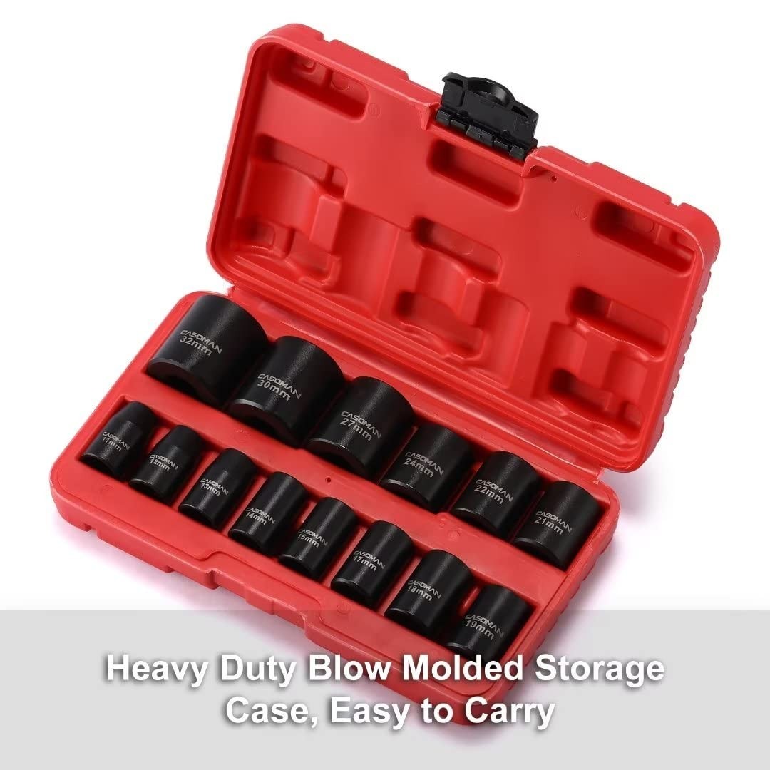 14-Piece 1/2″ Drive Shallow Impact Socket Set, Metric 6-Point, 11mm-32mm Tools