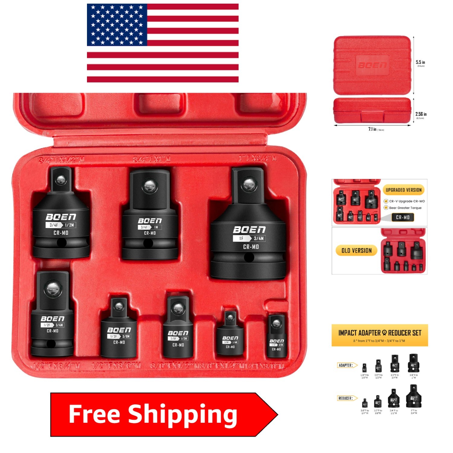 Durable 8-Piece Chrome Moly Impact Socket Adapter Set with Corrosion Resistance