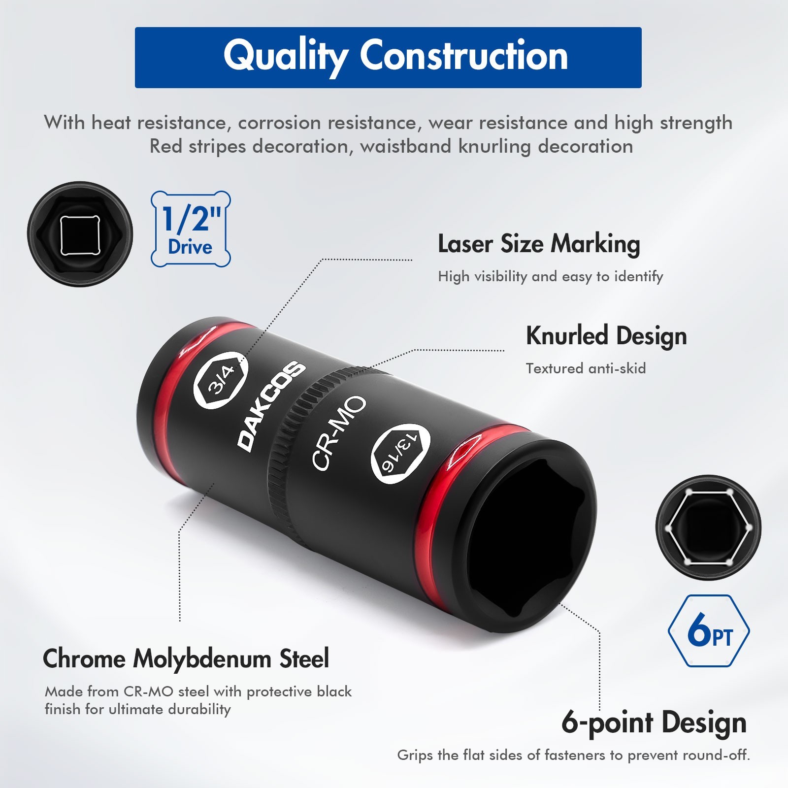 DAKCOS 1/2″ Drive Impact Lug Nut Socket Set, Double End, with 3″ Extension Bar