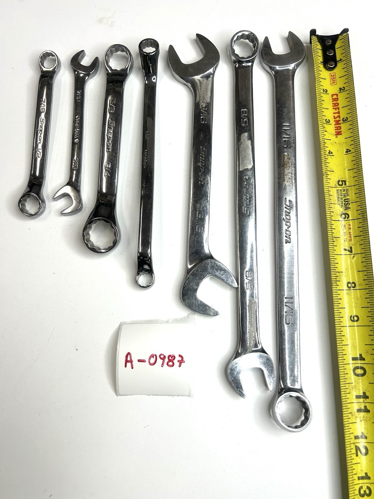 A-0987 Snap-on SAE Wrench Lot 8pc Combination Open Box End USA