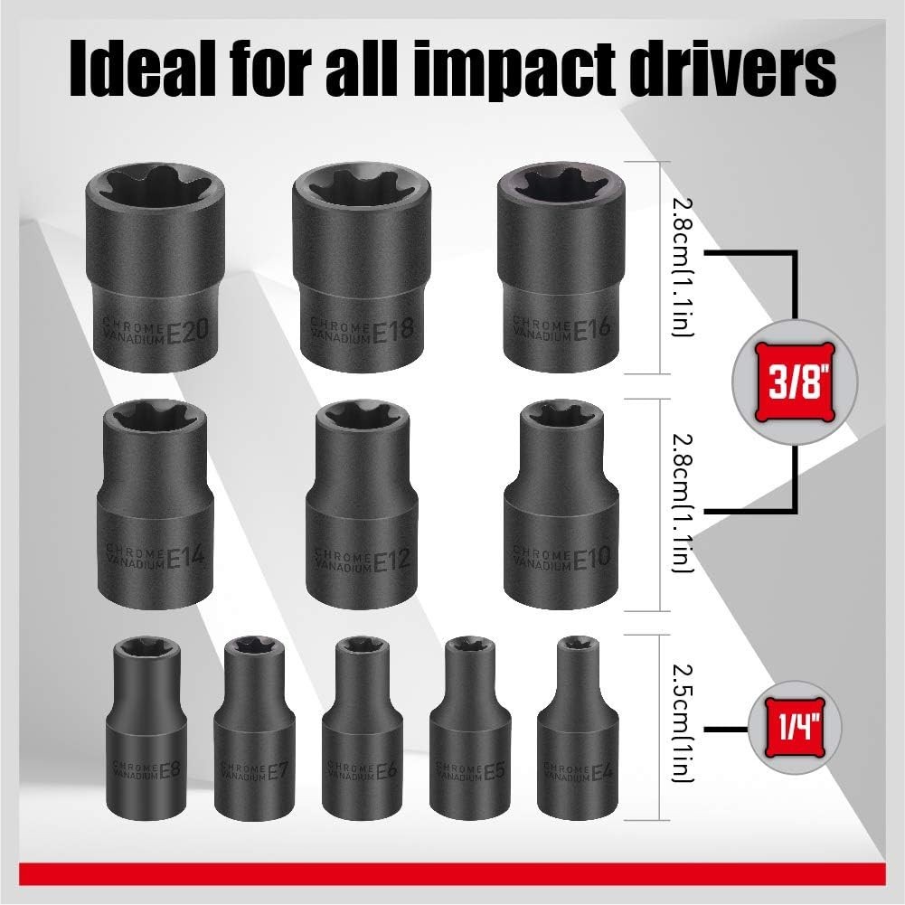 11PC Female E-TORX Star Socket Set External E4-E20 Torque 3/8″ 1/4″ Dr. & Rail