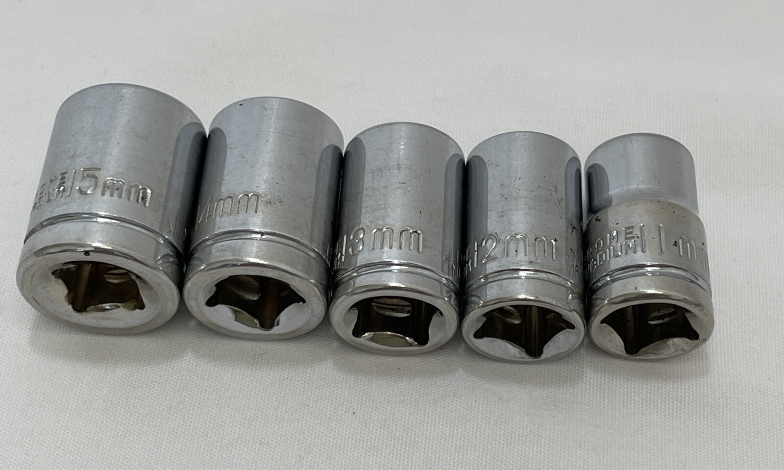 Vintage Chrome Vanadium 3/8”Drive Metric ￼15mm,14mm,13mm,12mm,11mm Lot Of 5