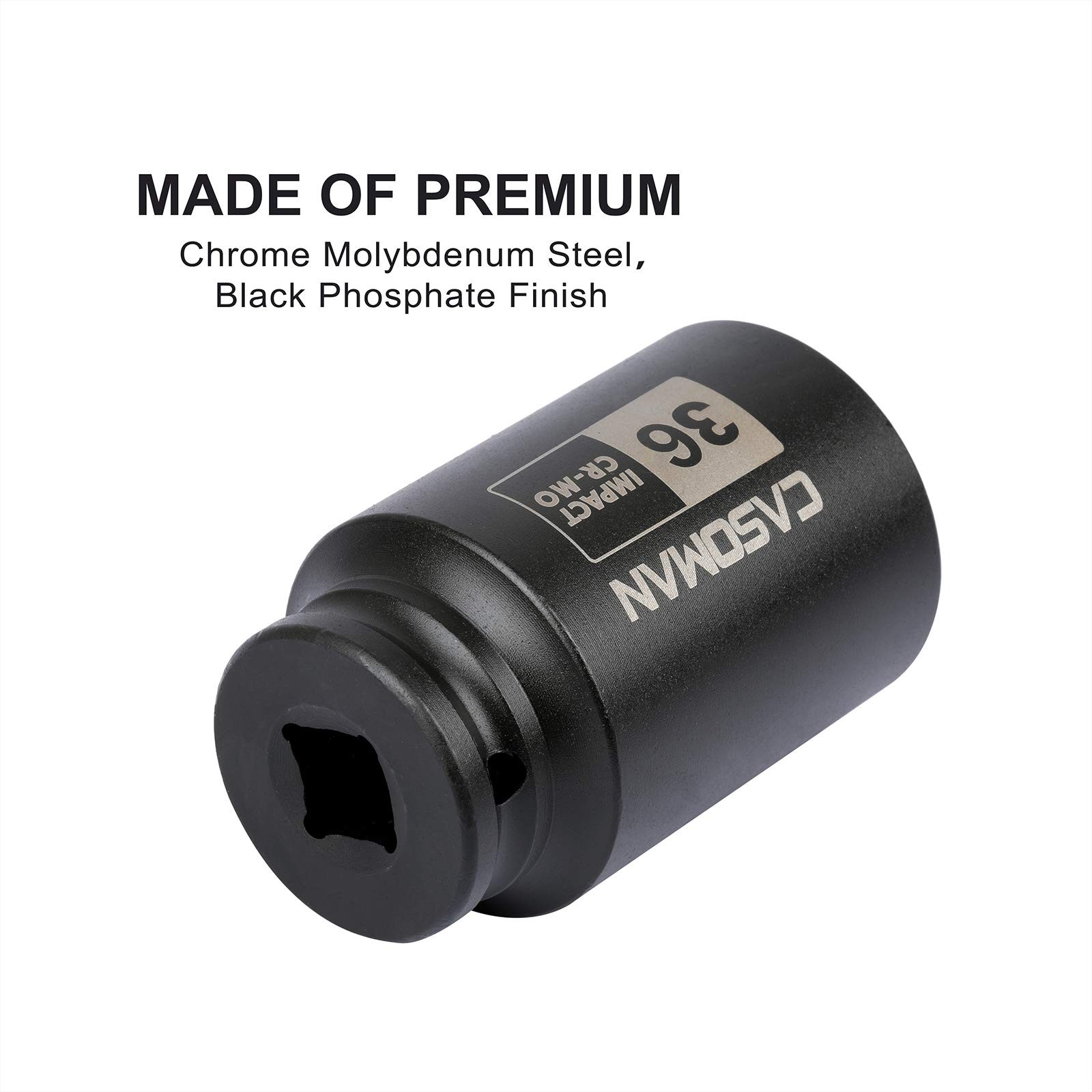 1/2″ Drive X 36 Mm Deep 6 PT Impact Socket, CR-MO, Drive 6 Point Axle Nut Socket