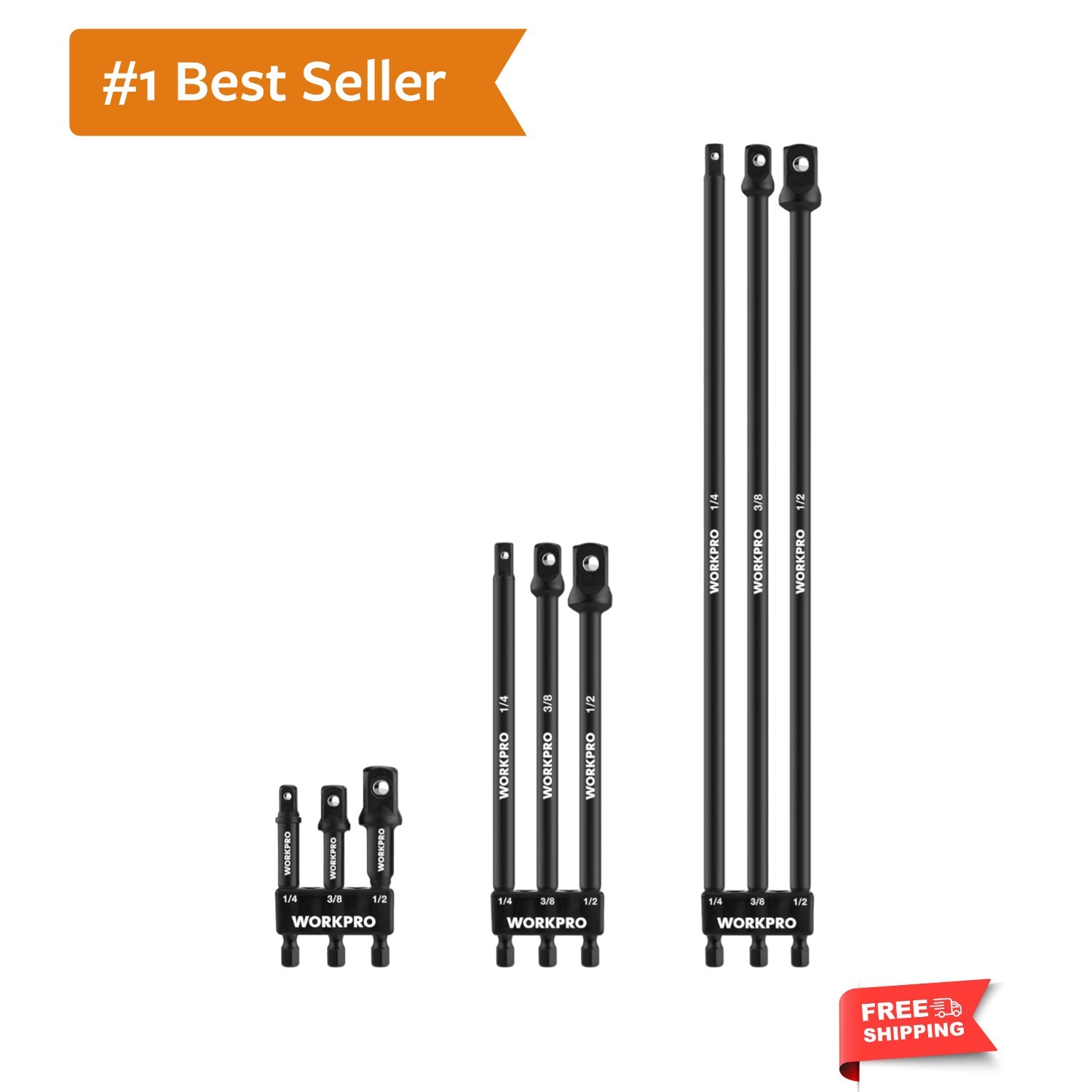 9-Piece Socket Adapter Extension Set, 1/4, 3/8, 1/2-Inch Drive, 1/4-Inch Hex …