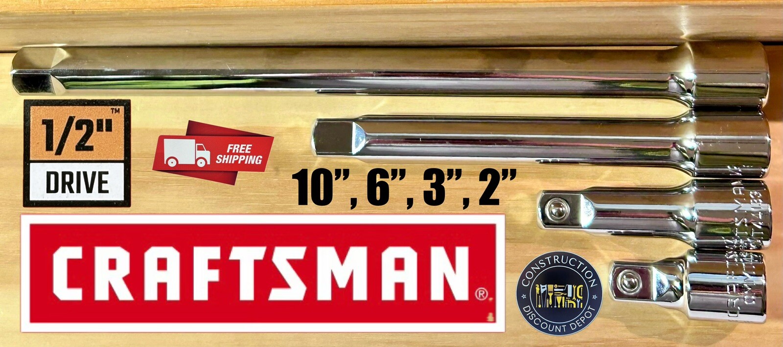 FREE SHIPPING New CRAFTSMAN Set of 4 Extension Bar 1/2″ Drive x 2″ 10″ 6″ 3″