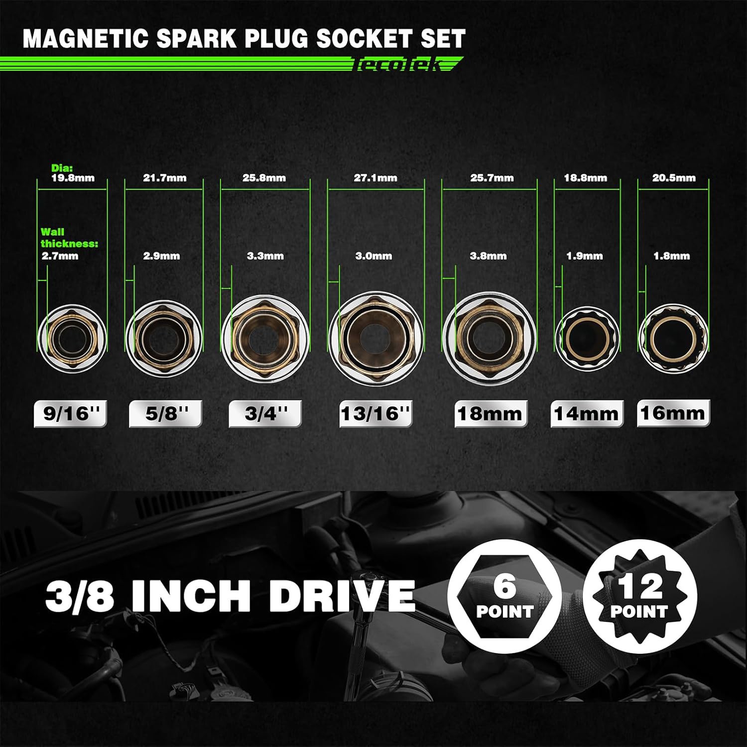 10PCS 3/8″Drive Magnetic Spark Plug Socket Set 6PT&12PT Extension Bar CR-V Steel