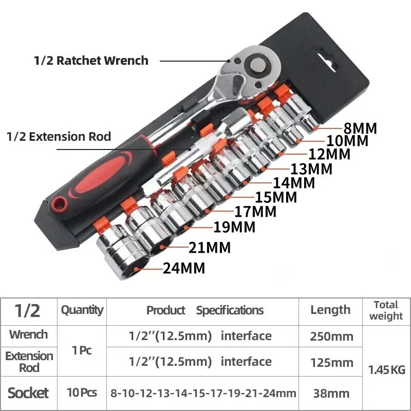 12pcs 1/2 Inch Socket Wrench Set Impact Sockets Ratchet Spanner Garage Tool Kit