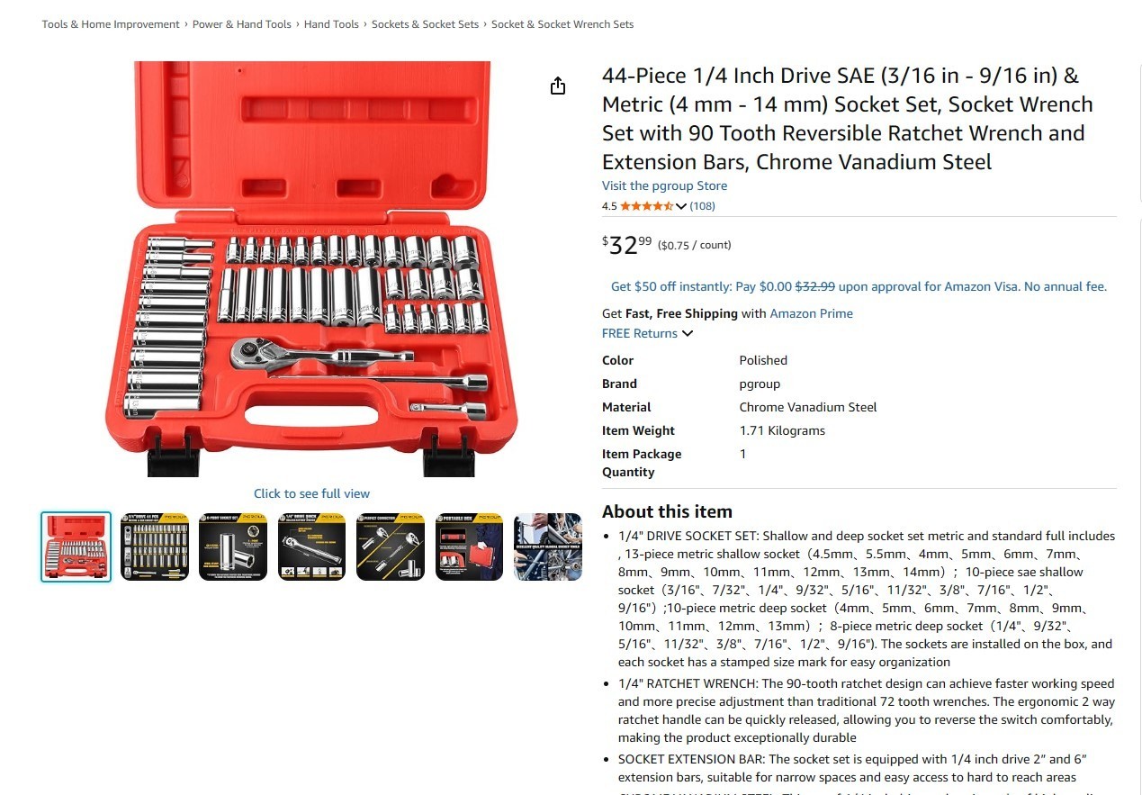 44-Piece 1/4 Inch Drive SAE (3/16 in – 9/16 in) & Metric (4 mm-14 mm) Socket Set