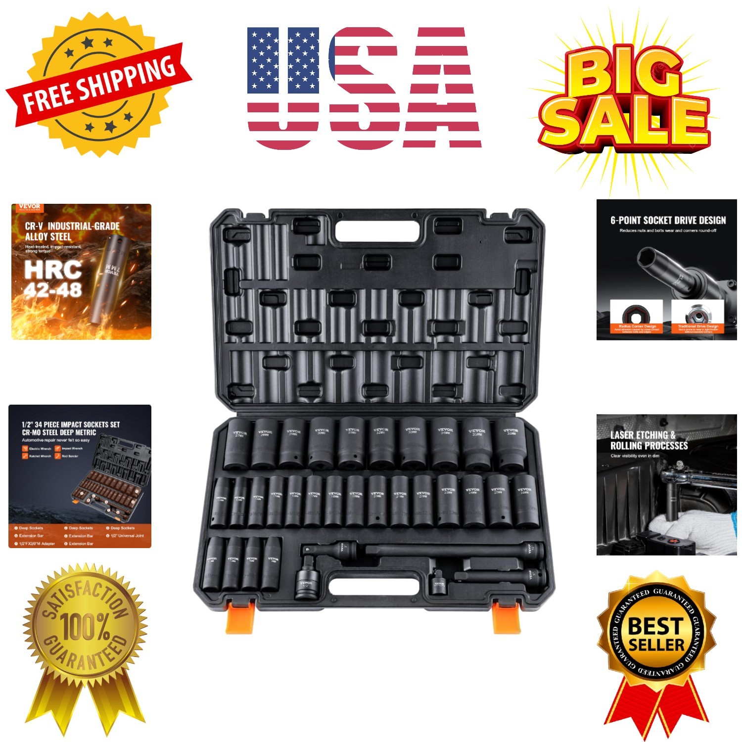 1/2″ Drive Impact Socket Set, 34 Piece Socket Set Metric 8-36mm, 6 Point Cr-M…