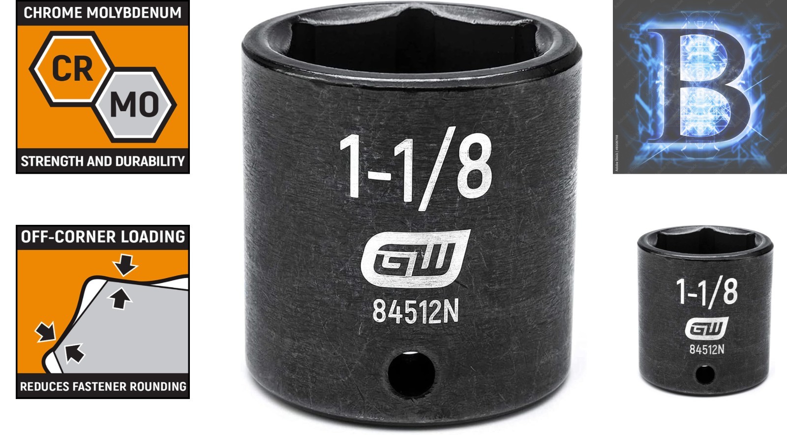 Gearwrench 1-1/8″ Standard Impact Socket – Chrome Molybdenum Steel, Black Finish