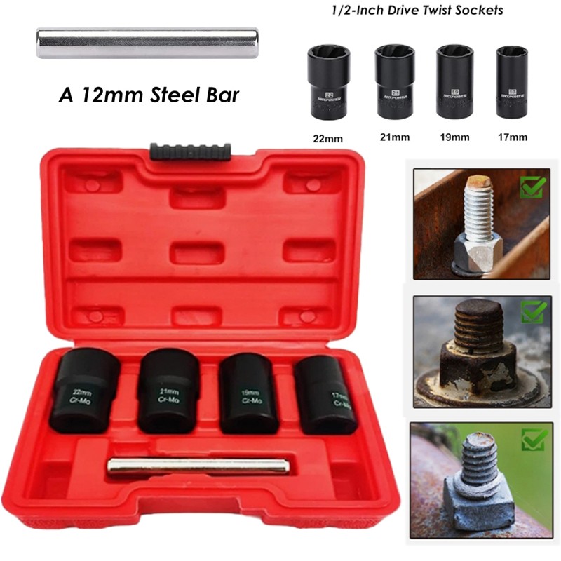 5Pc Twist Socket Set – 1/2″ Drive for Wheel Lock Nut Removal (17 19 21 22mm )