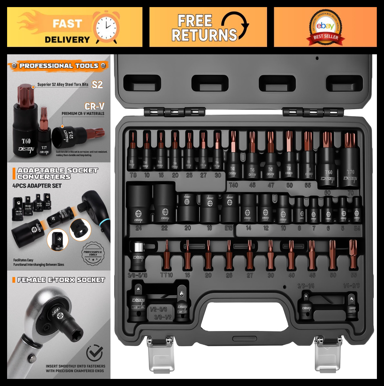 42-Piece Master Torx Bit Socket Set, CR-V & S2 Steel, T8-T70, E4-E24, Impact Ada