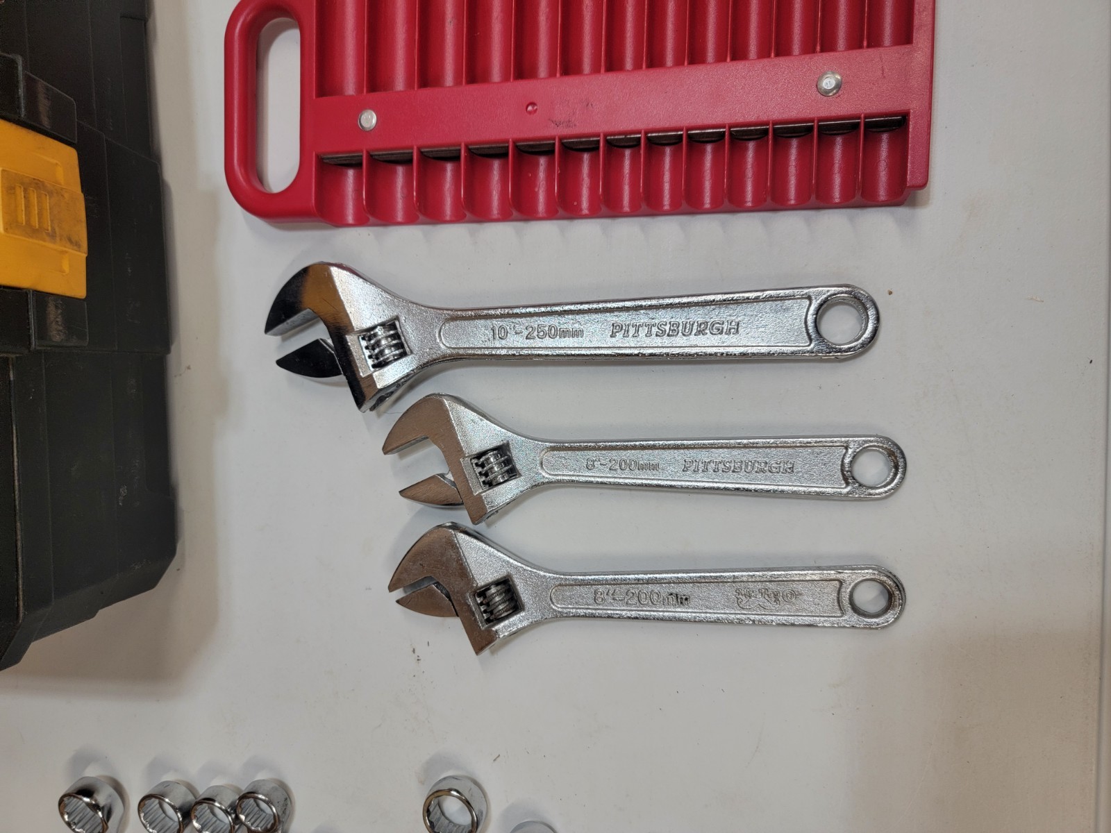 Misc lot of tools and tool box, wrenches, tibet tool, socket holders