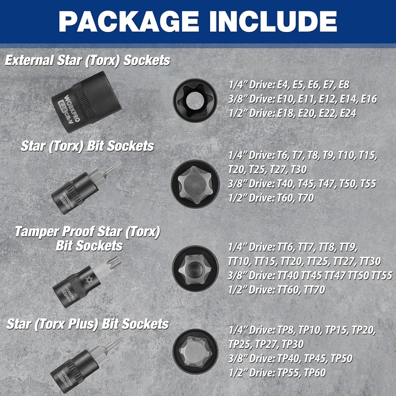 60-piece Master Torx Bit Socket and External Torx Socket Set, 1/4″, 3/8″, 1/2…