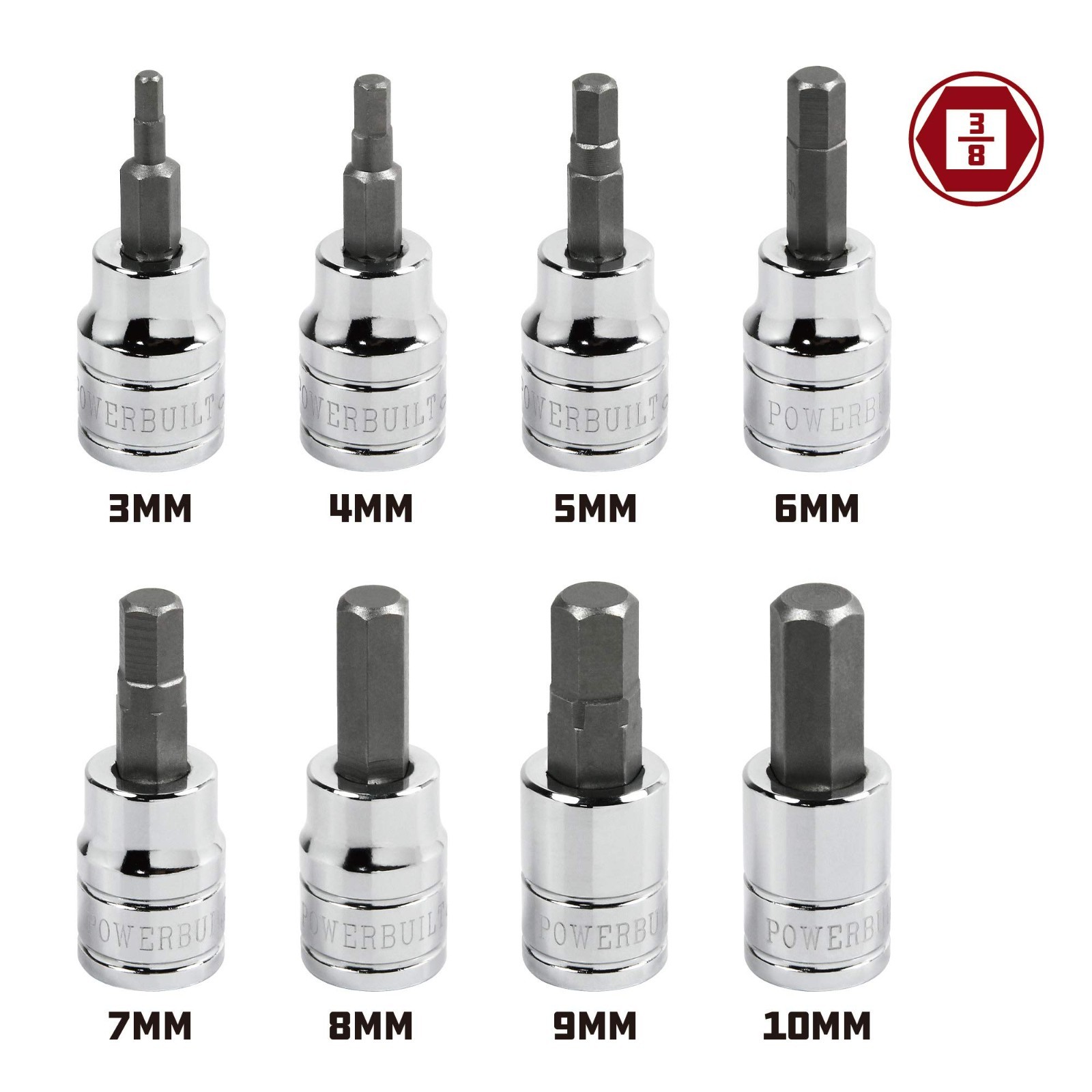 8-Piece Hex Bit Socket Set, 3/8″ Drive Metric, Ball End Sockets 3-10mm, Storage