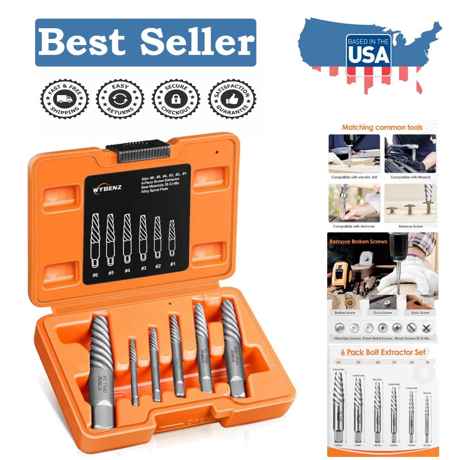 Ultimate 6-Piece Spiral Flute Screw Extractor Set – Effortless Bolt Removal
