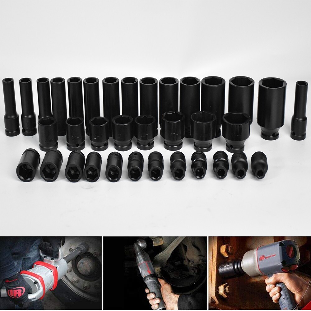 Impact Sockets Set 1/2 Inch Drive 35 PCS Metric 8mm-32mm Deep Length 6-Point Set