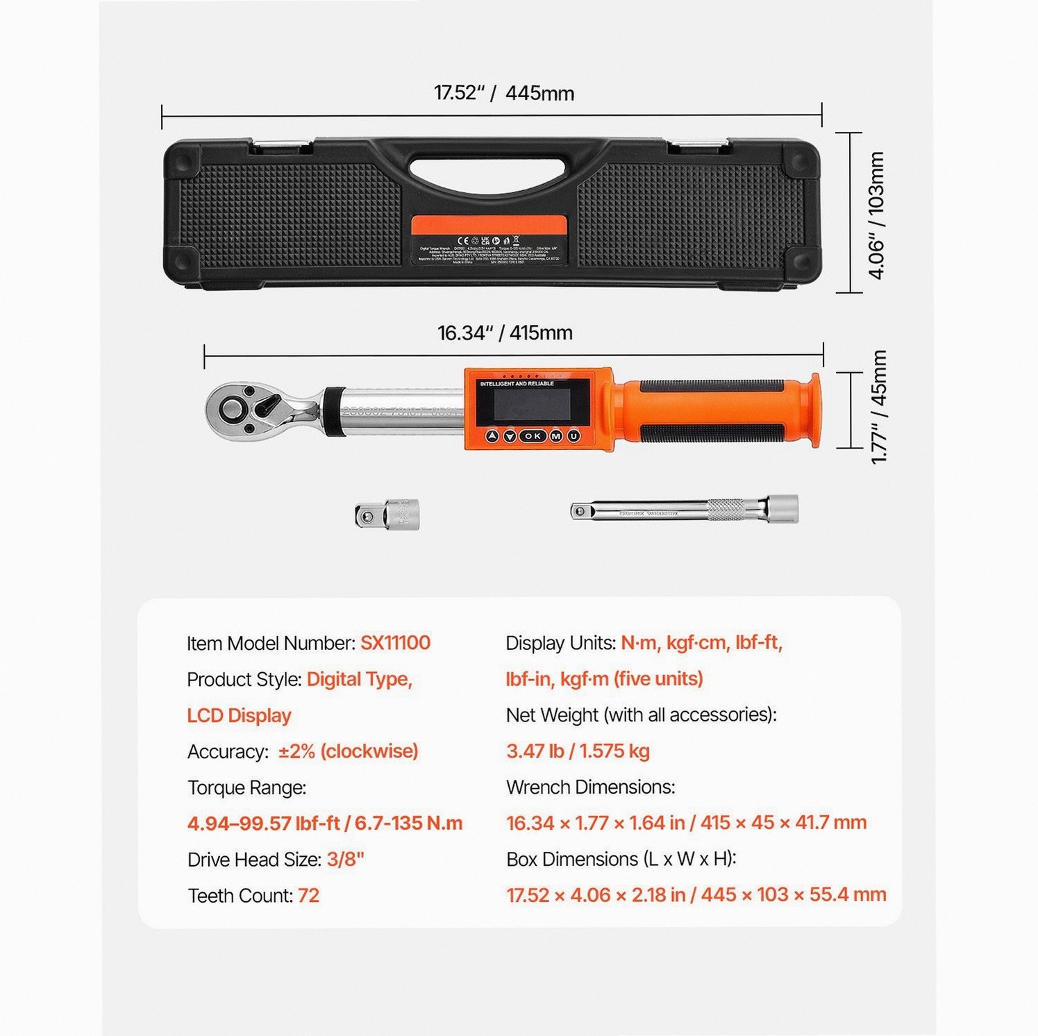 3/8 Digital Torque Wrench ±2% Buzzer LED Auto