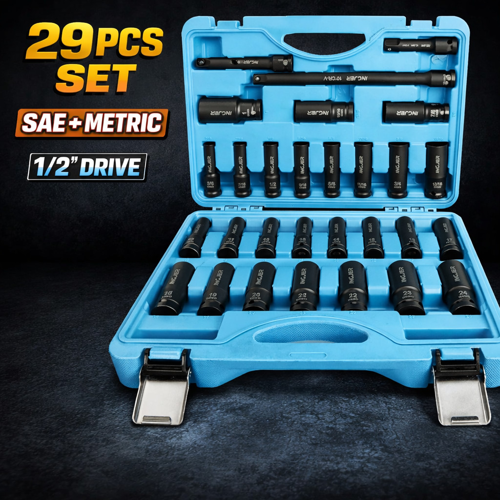 29PCS Impact Socket Set 1/2″ Drive SAE Metric Deep CR-MO w Extensions