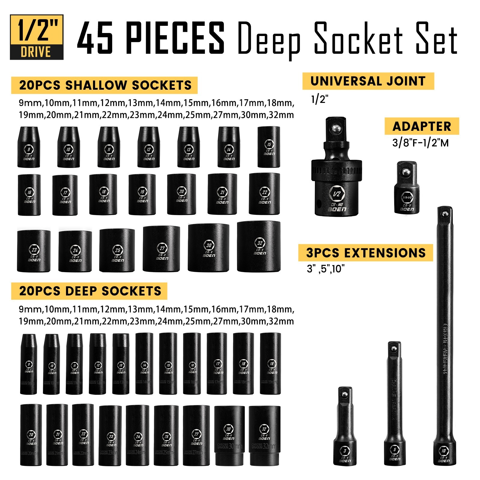 Boen Impact Wrench 1/2″ Brushless Electric, With 45 Pcs Impact Socket Set,IW75