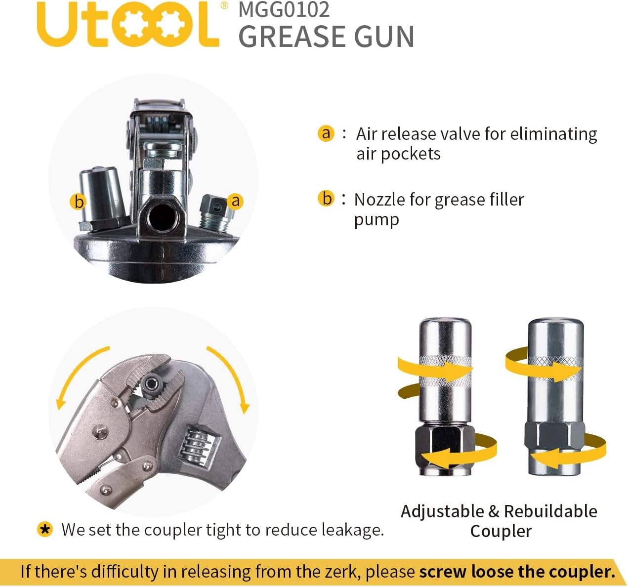 UTOOL Grease Gun, 8000 PSI Heavy 14oz with Standard Coupler Set, black/Yellow