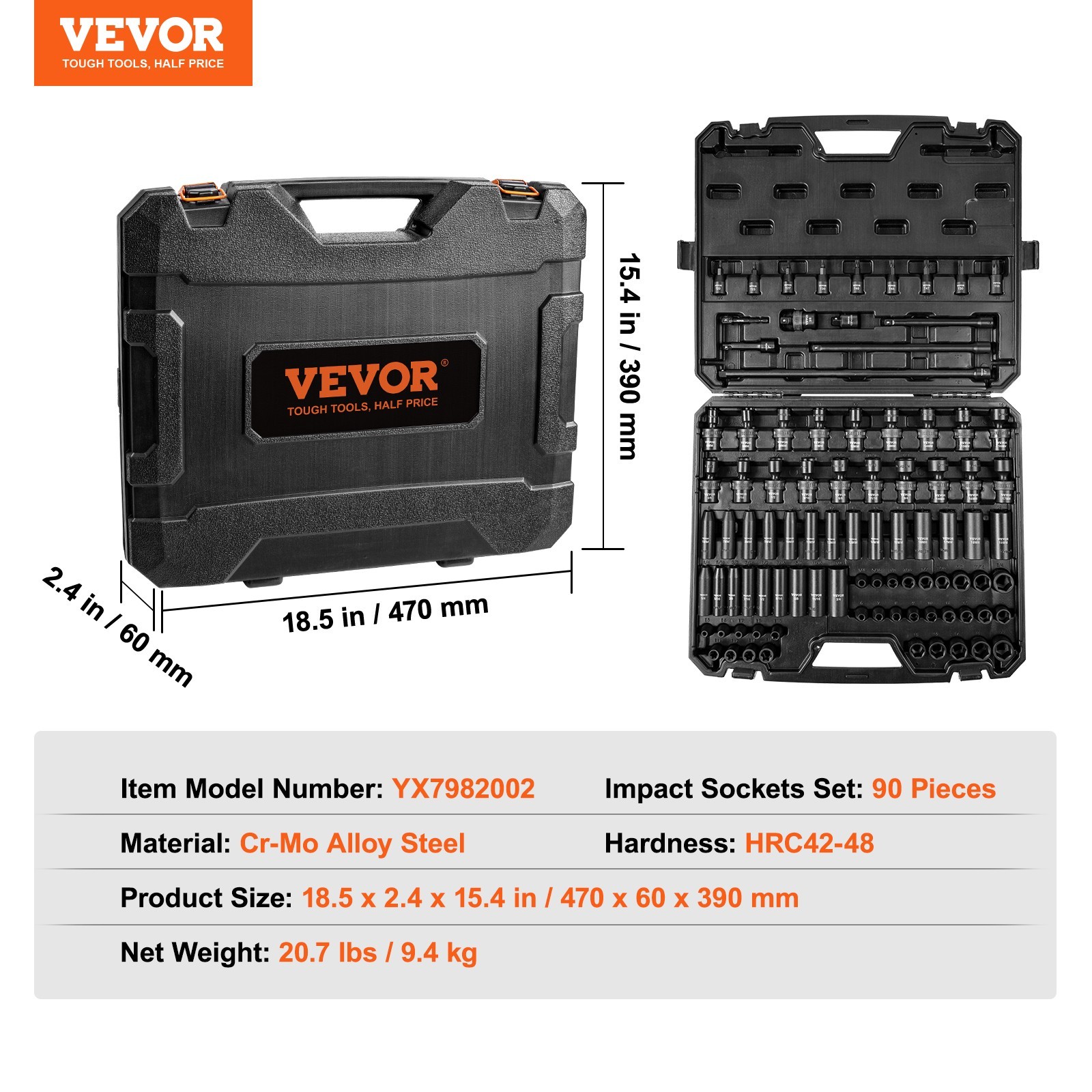 1/2 Drive Impact Socket Set Cr-Mo 6 Point SAE Metric with Extension Bars Case