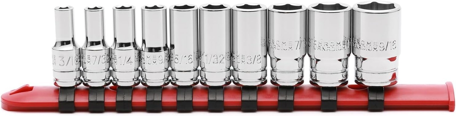 10PCS 1/4″Drive 6 Pt. Mid-Length Socket Set, SAE, 3/16″ to 9/16″, Mirror Chro…