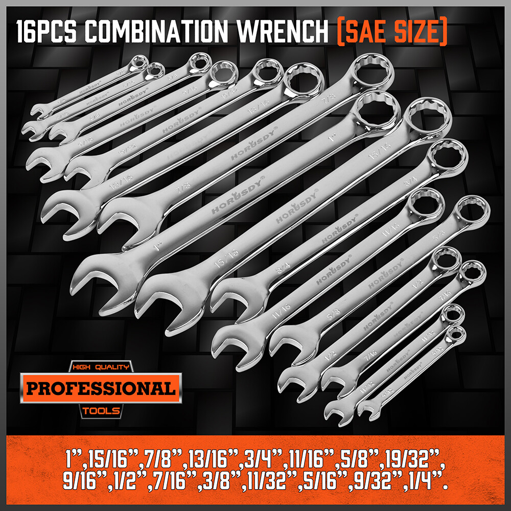 32PC Combination Wrench Spnner Set SAE Metric 1/4-1″ & 7-22mm 12 Point with Case
