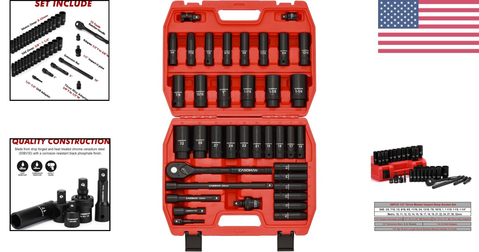 1/2″ Drive Impact Socket Set 38 Piece Deep Standard SAE Metric with Ratchet