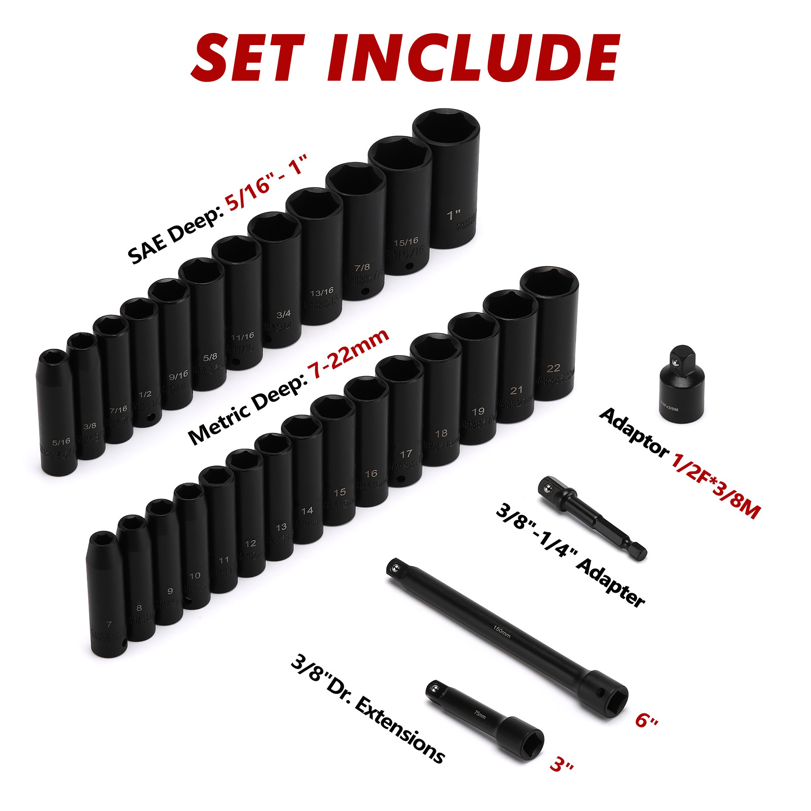 31Pcs 3/8″ Deep Impact Socket Set Metric & SAE CR-V Extension Bar (3, 6-inch)