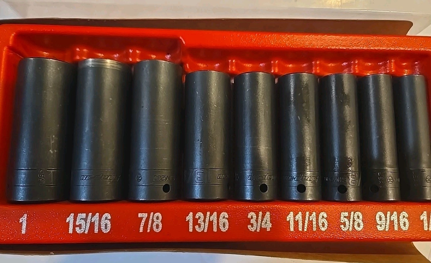 Snap-on 9 pc. 1/2″ drive 6 pt. SAE Flank Drive Deep Impact Socket Set 309SIMYA