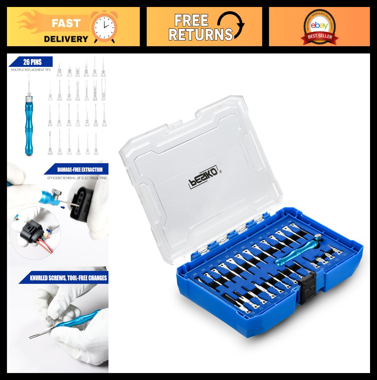 26PCS Terminal Removal Tool Kit – Interchangeable Tips for Deutsch, Molex, AMP,