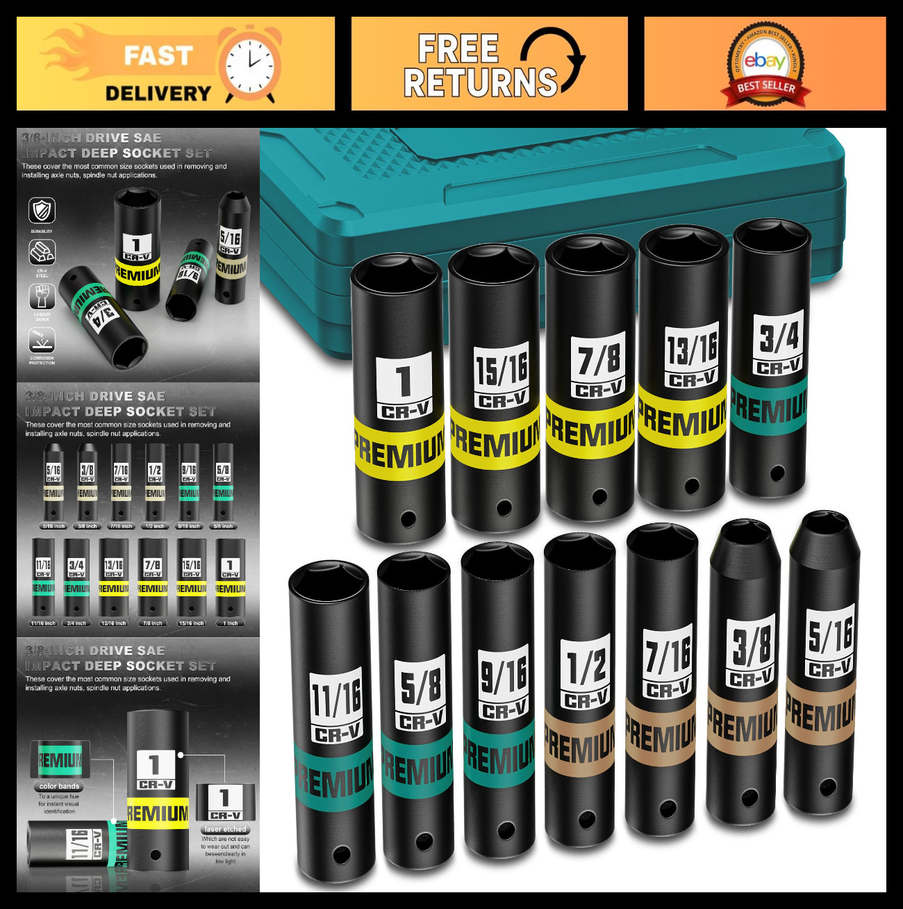 12-Piece SAE Deep Impact Socket Set 3/8″ Drive, 5/16″-1″ Heavy-Duty 6-Point Sock