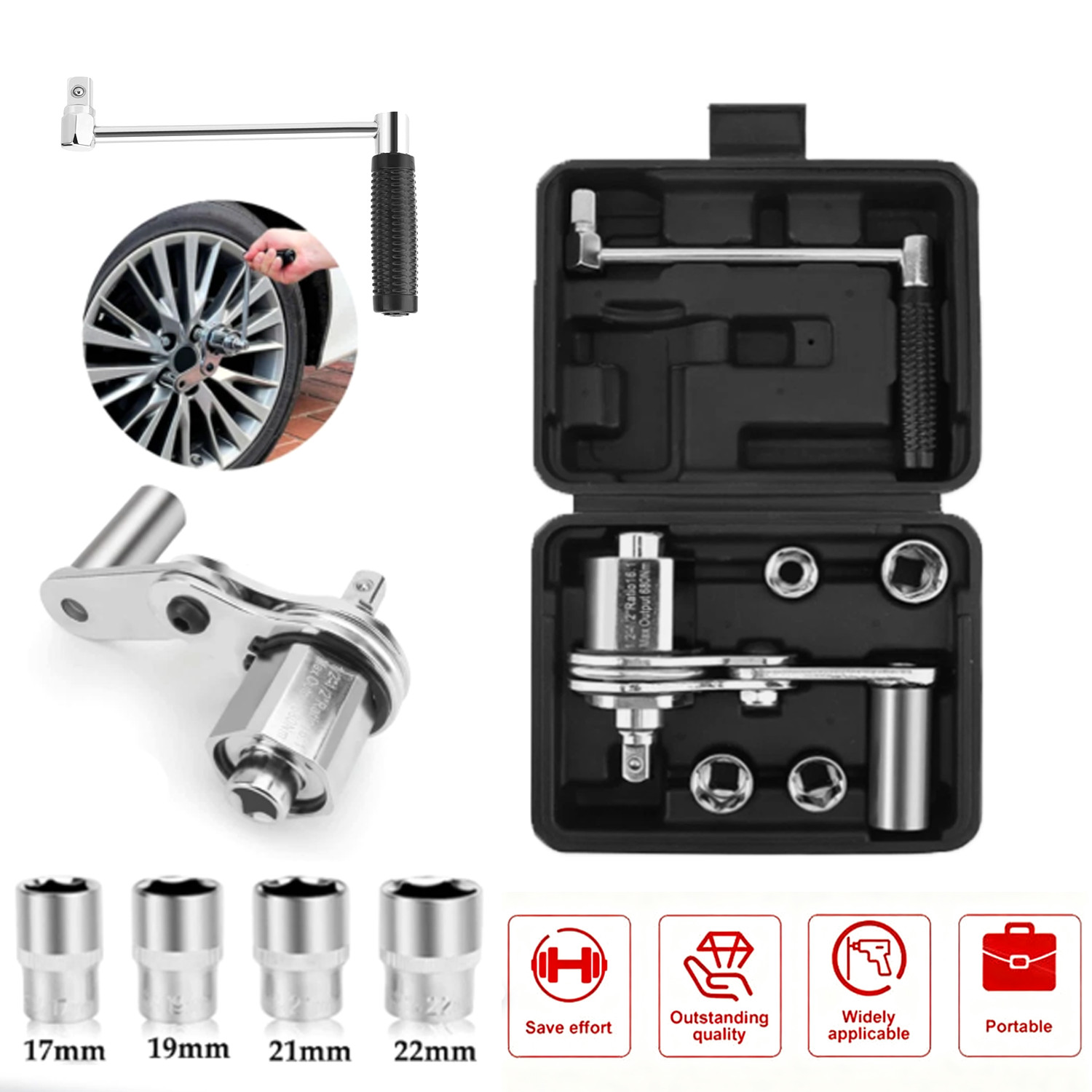 1/2″ Torsional Torque Multiplier Wrench Lug Nut Remover 17/19/21/22mm Tire Tool