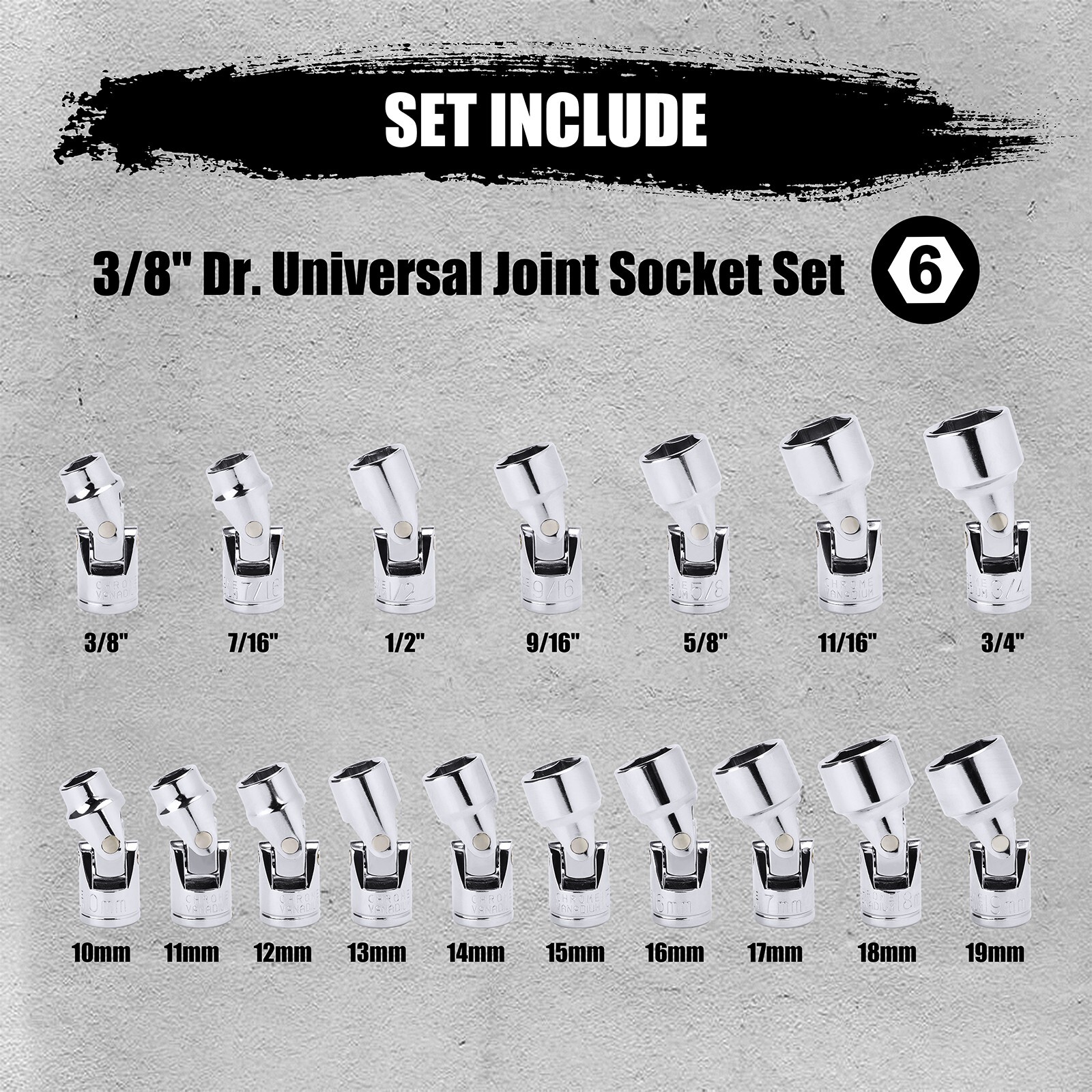 17PCS 3/8″ Drive SAE & Metric 6-Point Universal Flex Socket Set CR-V Swivel Head