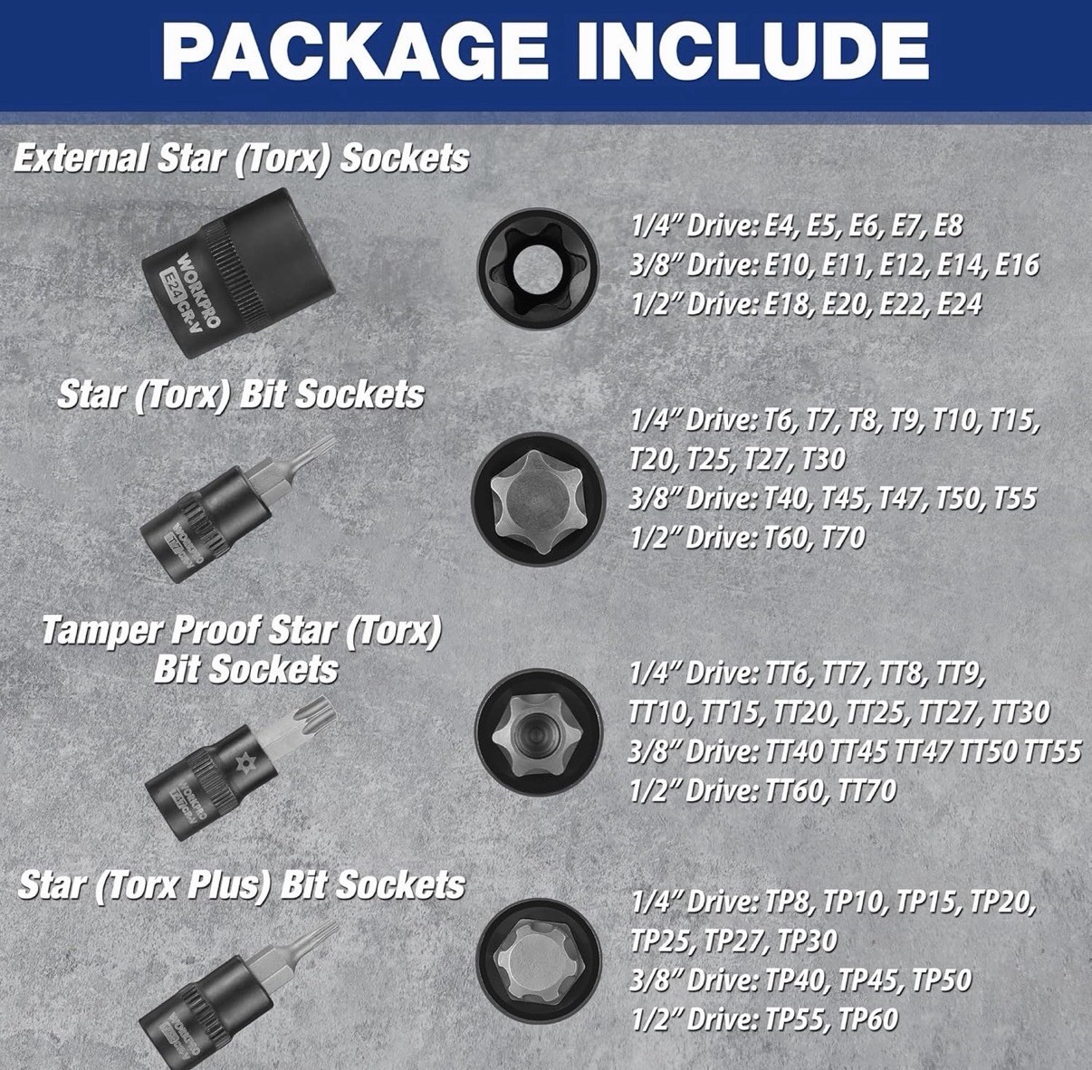 60-piece Master Torx Bit Socket and External Torx Socket Set