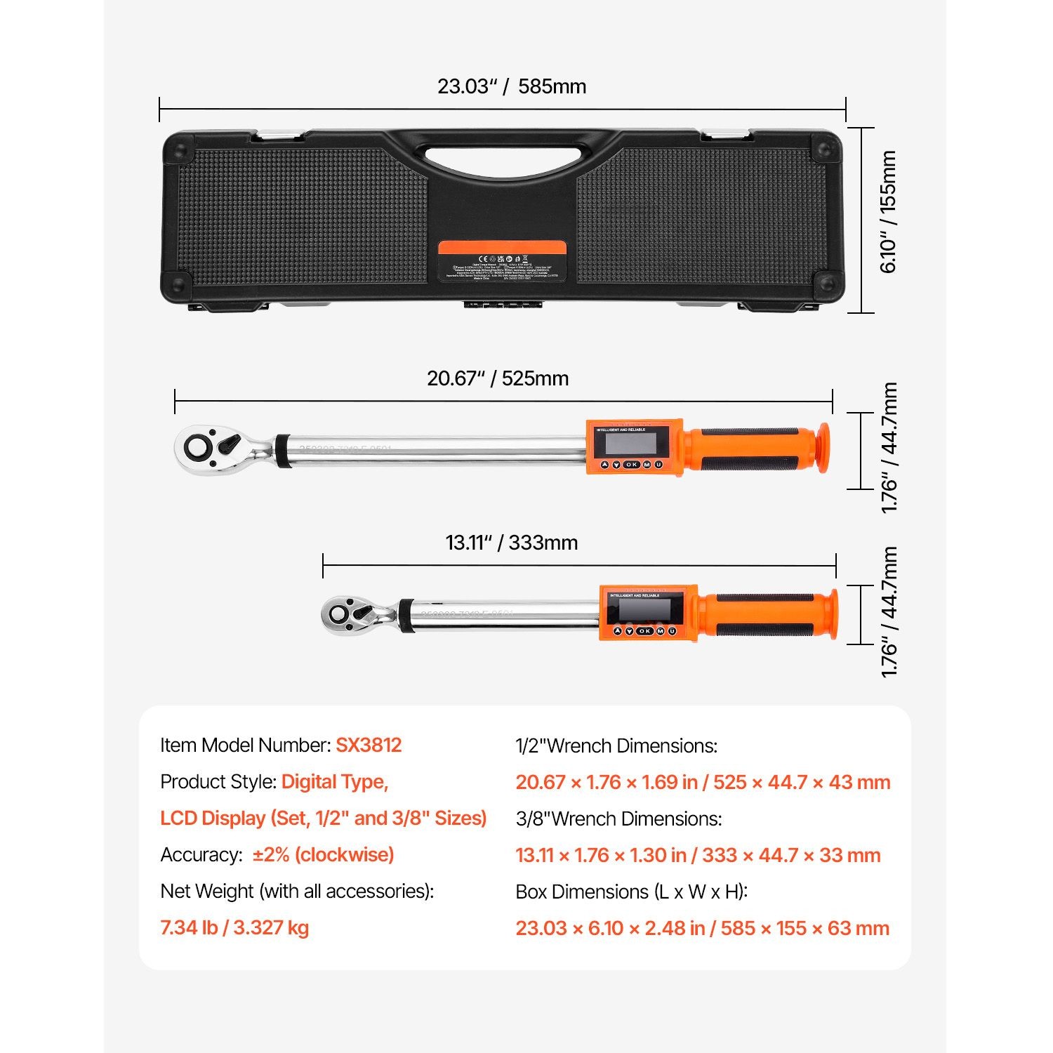 Digital Torque Wrench Set 2PC 1/2″ 3/8″ Drive ±2% Accurate with LED & Buzzer