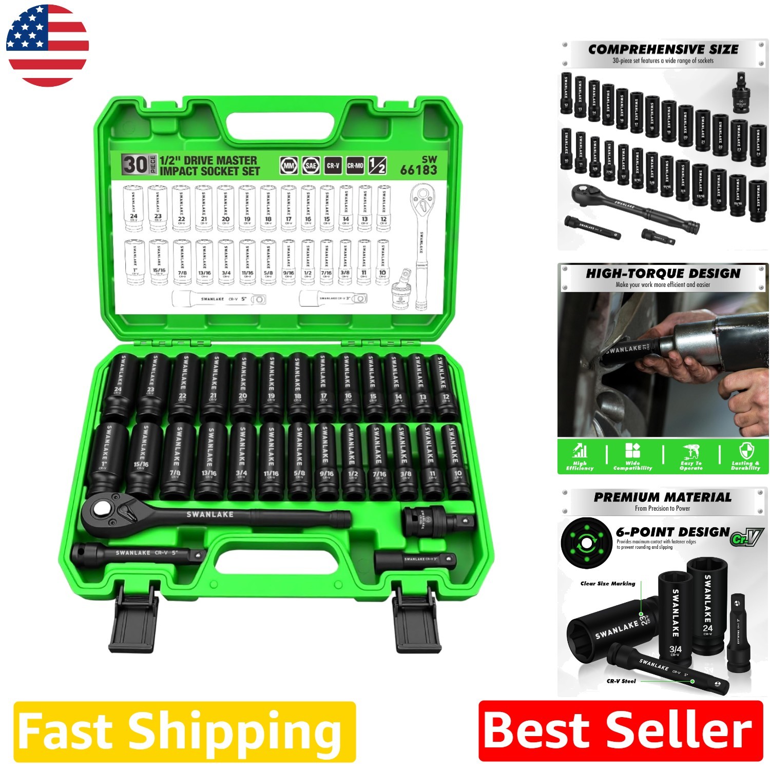 30-Pc 1/2″ Drive Impact Socket Set SAE Metric Deep CR-V Steel