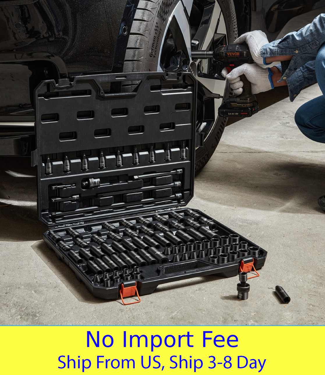 1/2 Drive Impact Socket Set Cr-Mo 6 Point SAE Metric with Extension Bars Case