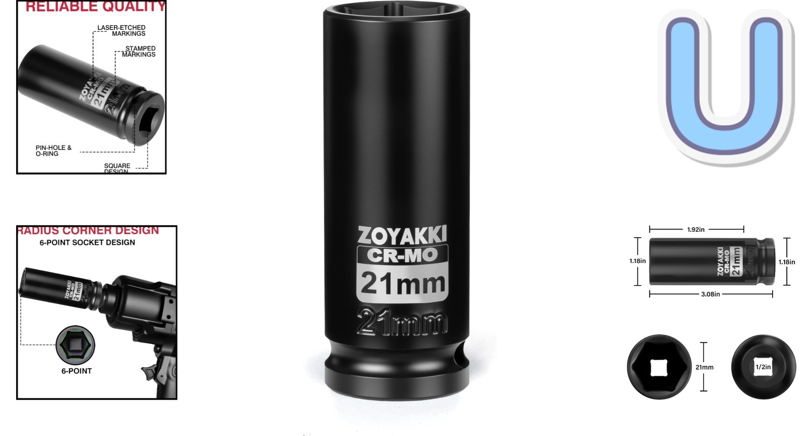 Corrosion-Resistant 21mm Deep Impact Socket – 1/2″ Drive Heavy-Duty Tool