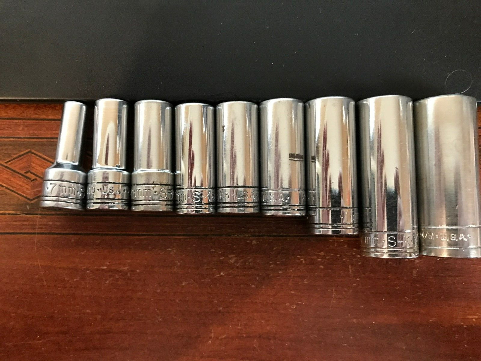 Vintage SK 3/8″ Drive Metric 6 point Deep Socket Set 9 Pcs 7mm, 10-15, 17, 19mm