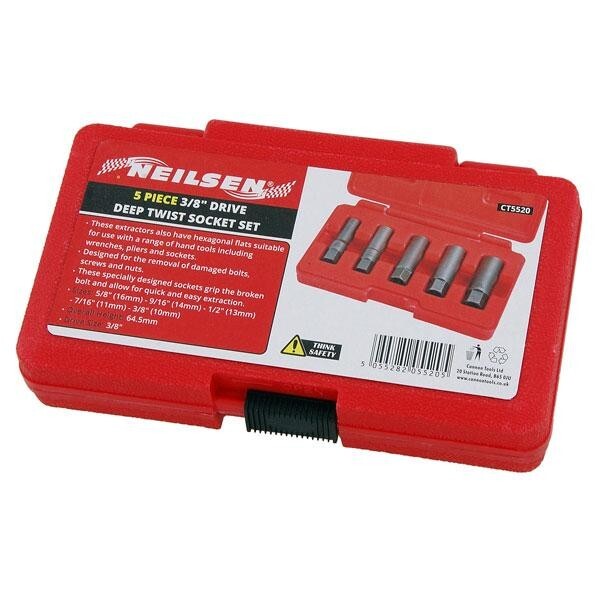3/8″ Drive Deep Twist Socket Set Bolt Nut Extractor Removal 5pc (Neilsen CT5520)
