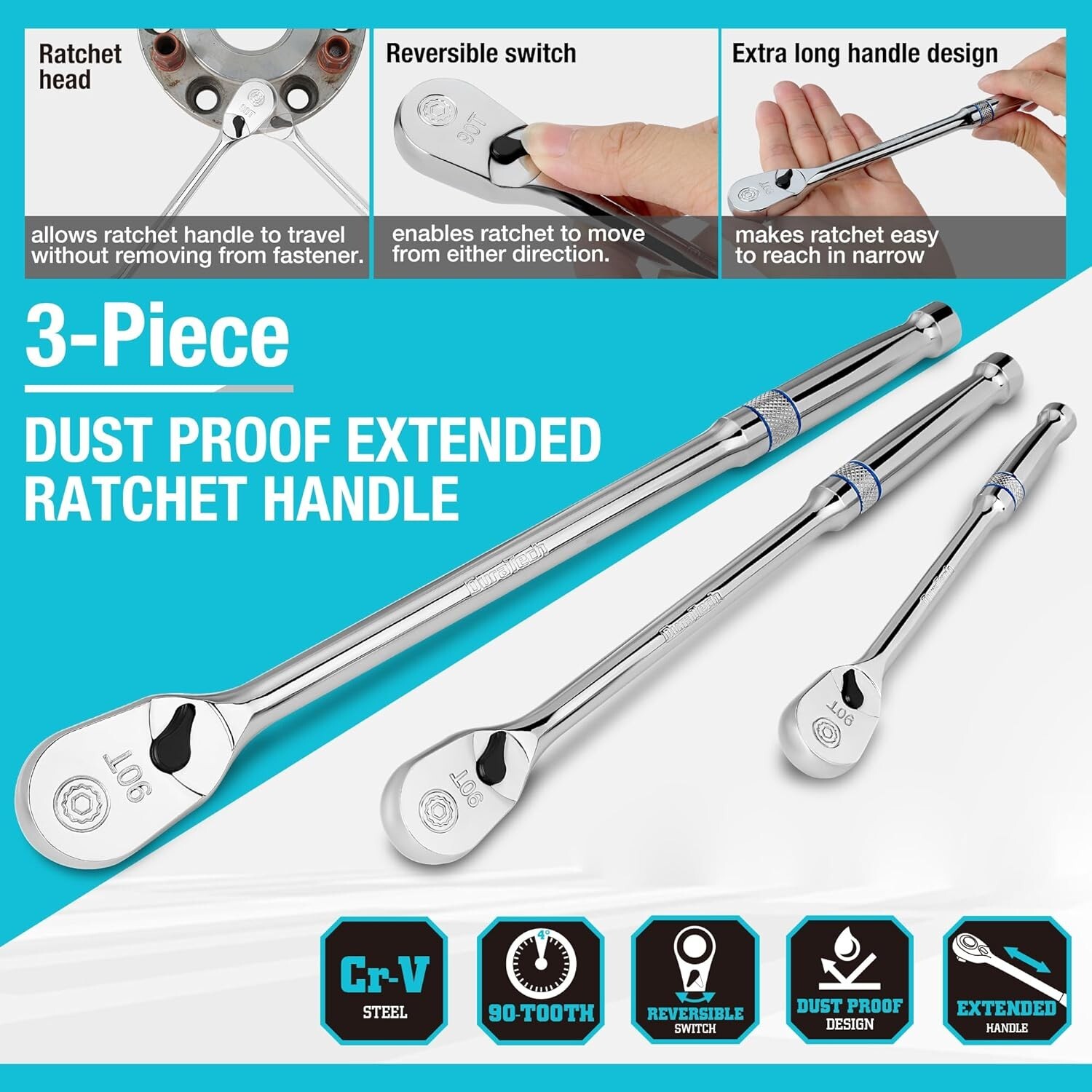 DURATECH Extra Long Handle Drive Ratchet 90-Tooth Ratchet Wrench Dust Proof NEW