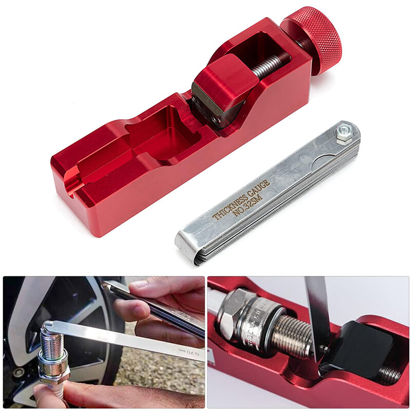 Engine Spark Plug Gap Gapper Tool with 32 Blades Measuring Tool Metric SAE Red