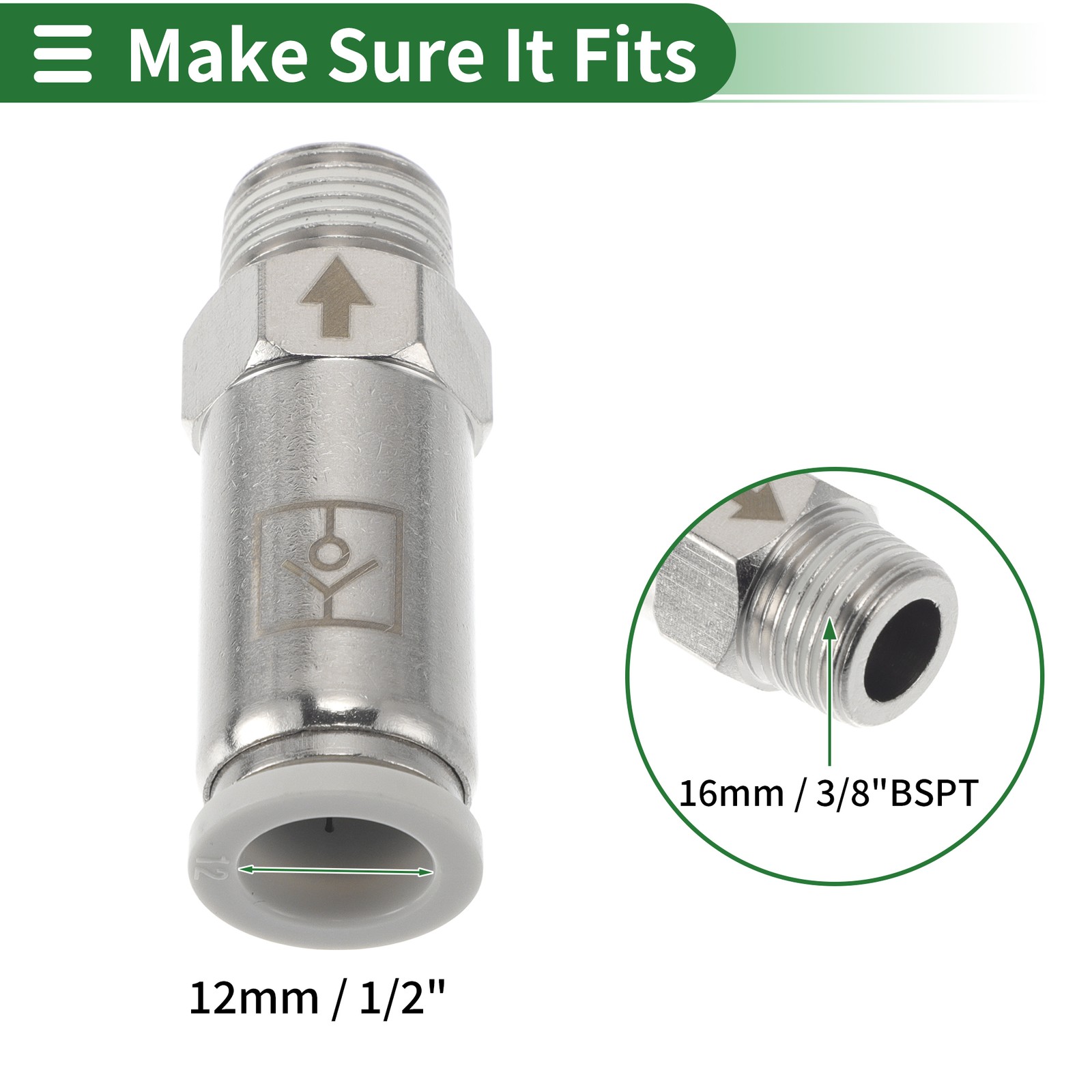 Racc. push 15/32″ valve non rit. rap. Plastic/Met. 16mm/3/8″BSPT White