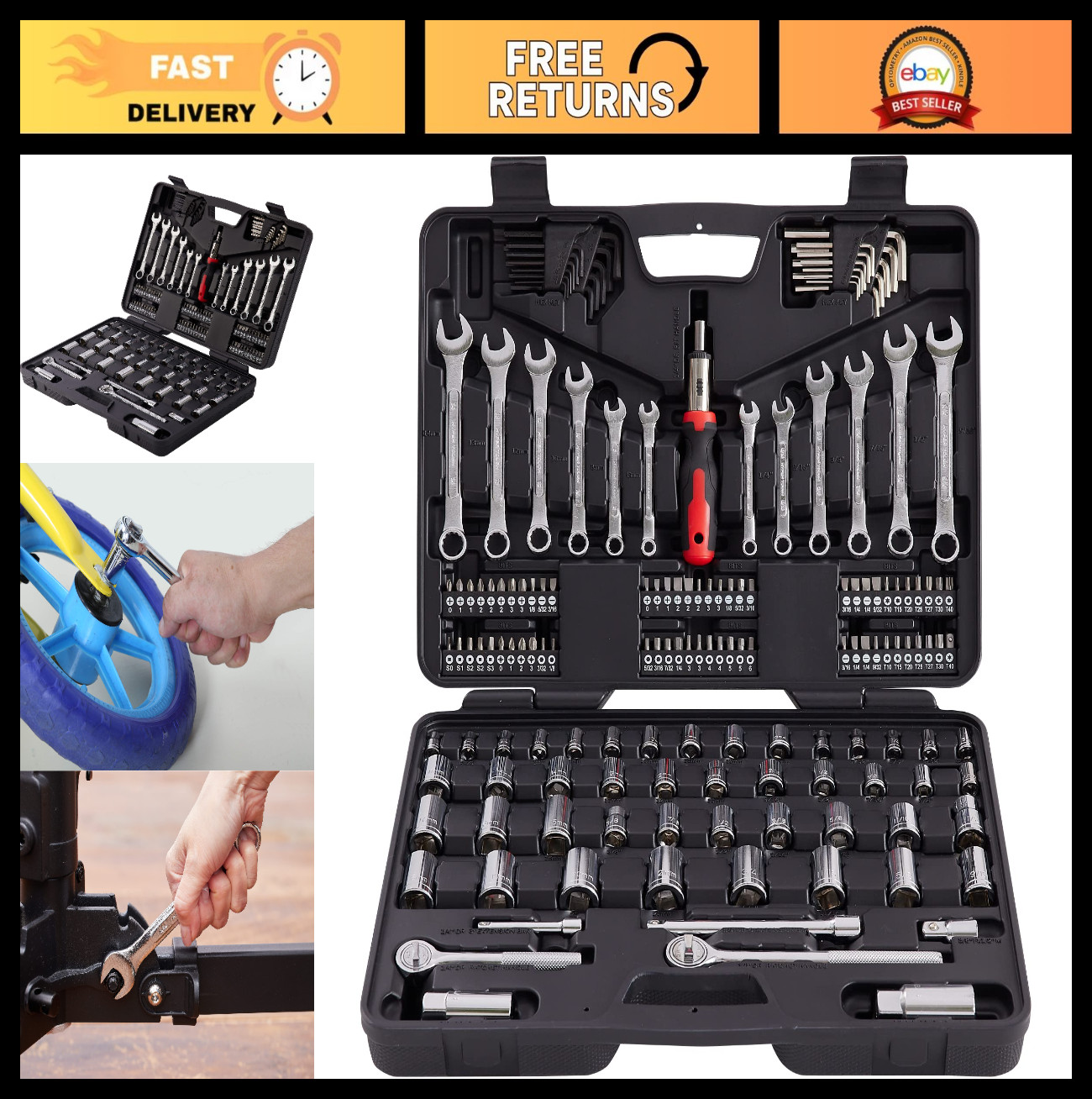 161-Piece Mechanics Tool Set | SAE & Metric Sockets, Premium Alloy Steel, Auto R