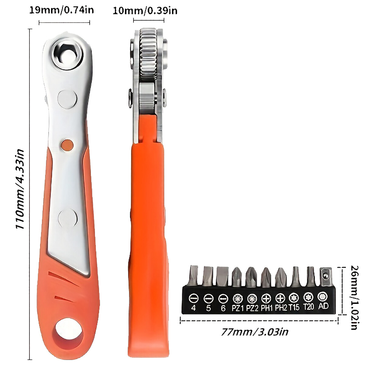 Ratcheting Right Angle Screwdriver Hex Drive 90 Degree Offset + 10pc Bits Set US