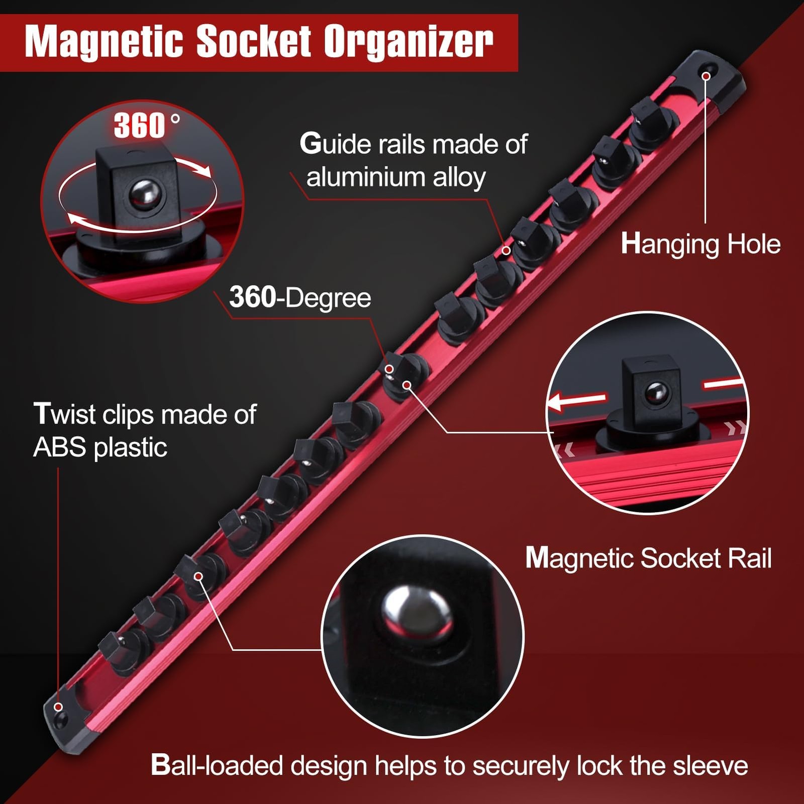 SPEEDWOX Magnetic Socket Organizer 3/8-Inch Drive Aluminum 3/8-inch, Red